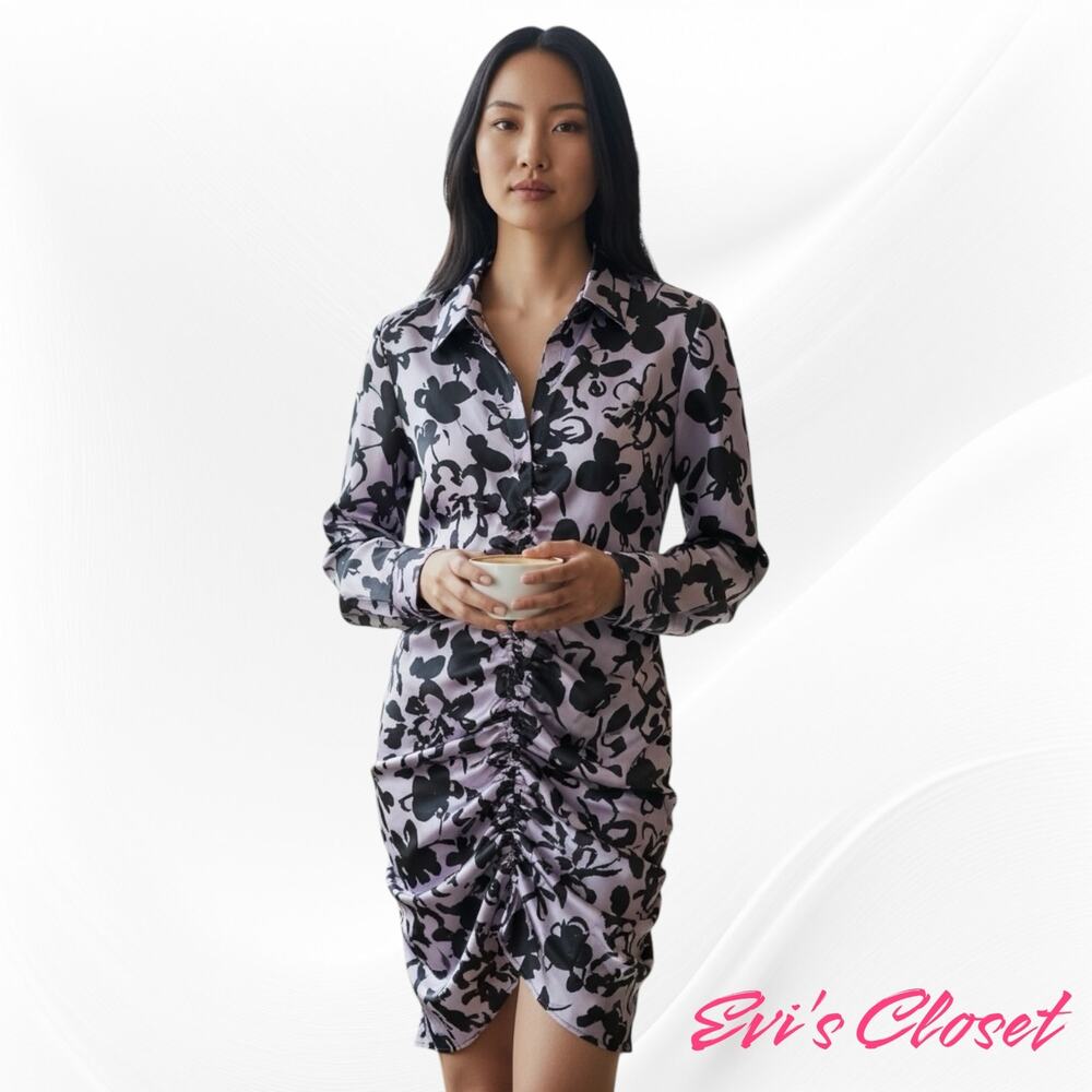 Zara Women's The Dita Satin Effect Black Lilac Floral Sz L Ruched Mini Dress NWT